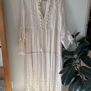 Cream Long Sleeve Maxi Dress Bohemian Vacation Resort wear lace tassel fringe